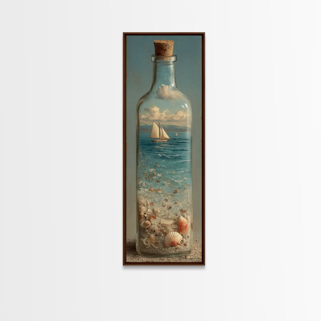 Bottle with Tiny Ship and Ocean Inside Framed Canvas Print, Nautical Art, Oil Painting, Coastal Decor, Fine Art, Harbor, NAU-1x3-52