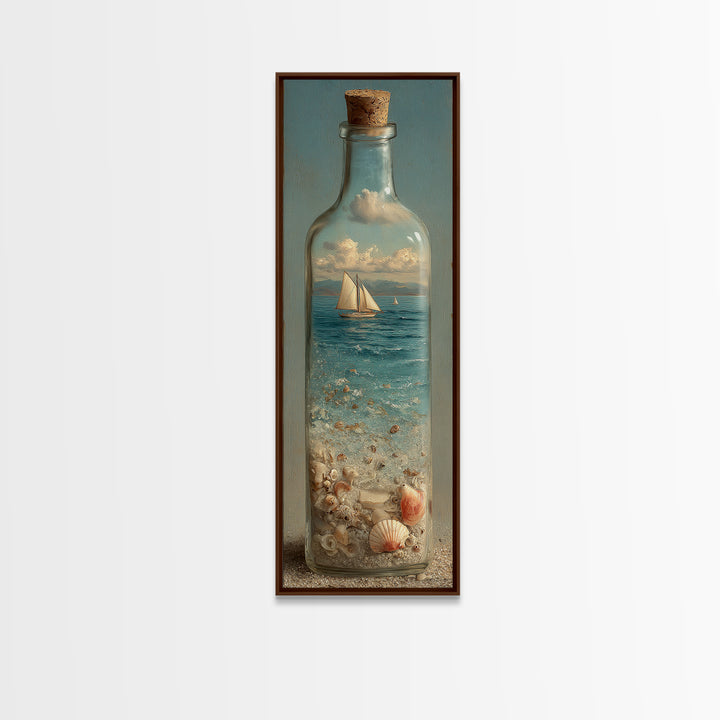 Bottle with Tiny Ship and Ocean Inside Framed Canvas Print, Nautical Art, Oil Painting, Coastal Decor, Fine Art, Harbor, NAU-1x3-52