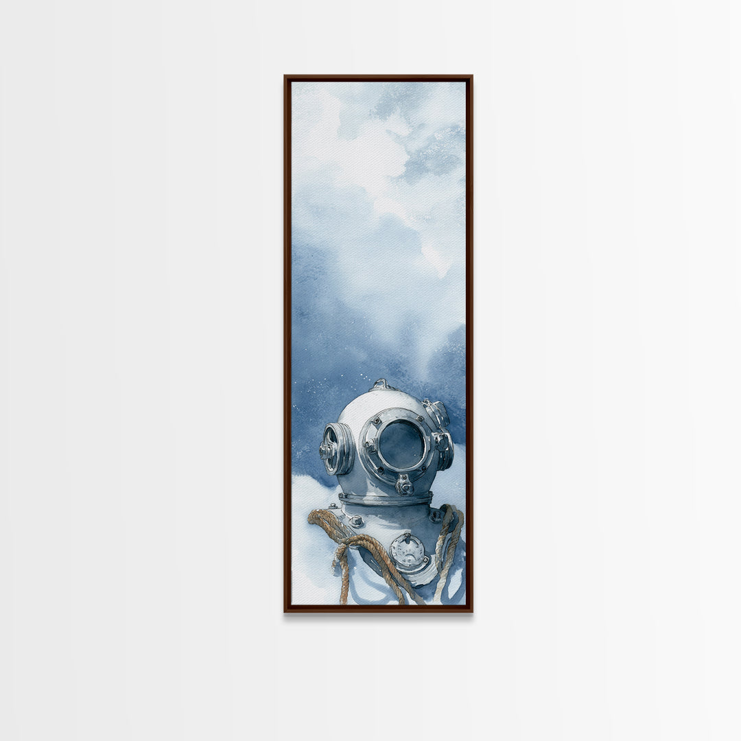 Deep Sea Diver Helmet Still Life Framed Canvas Print, Nautical Art, Ocean Art, Coastal Decor, Oil Painting, Harbor, NAU-1x3-54