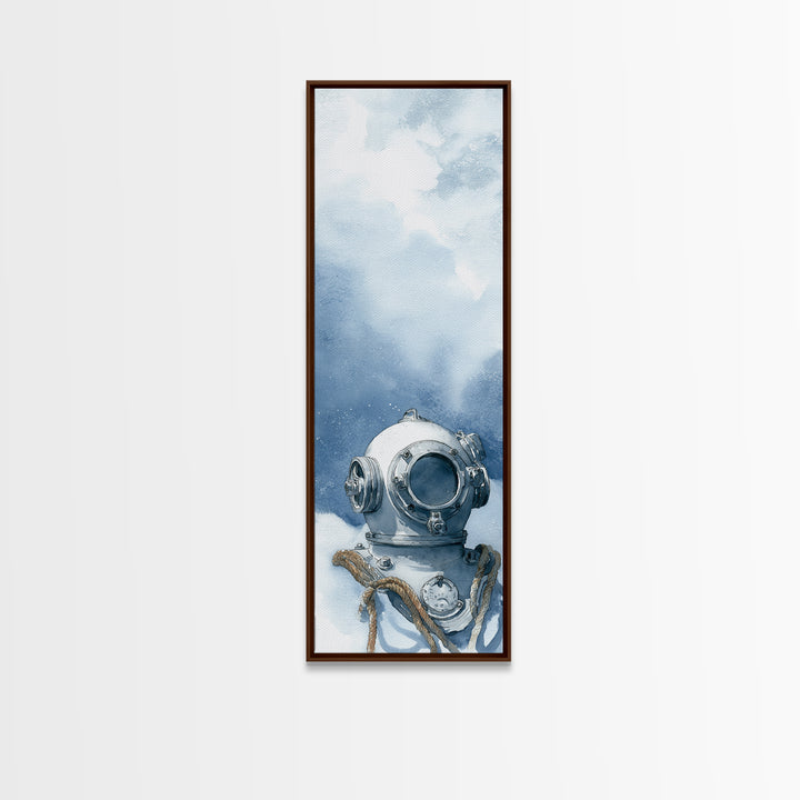Deep Sea Diver Helmet Still Life Framed Canvas Print, Nautical Art, Ocean Art, Coastal Decor, Oil Painting, Harbor, NAU-1x3-54