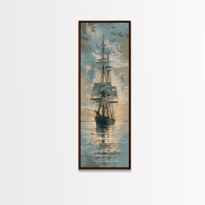 Tall Ship Silhouette at Sunset Canvas Print, Nautical Art, Coastal Wall Art, Coastal Decor, Fine Art, Harbor, Neutral Decor, NAU-1x3-68