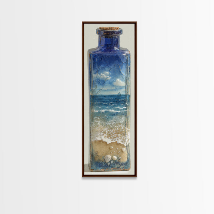 Bottle with Tiny Ship and Ocean Inside Framed Canvas Print, Nautical Art, Coastal Decor, Fine Art, Harbor, Fine Art Print, NAU-1x3-76