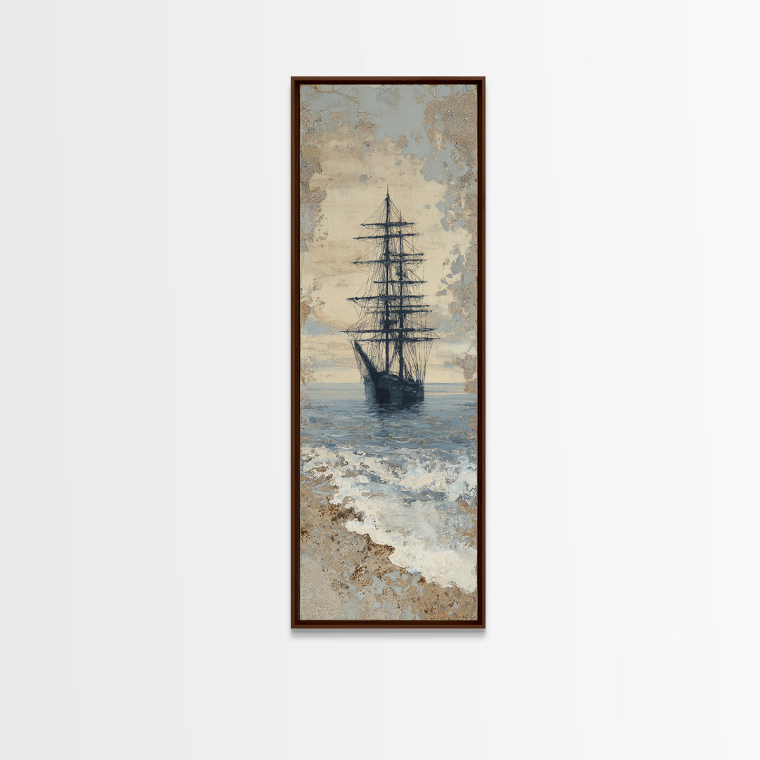Tall Ship Silhouette at Sunset Framed Canvas Print, Nautical Art, Beach Print, Coastal Decor, Fine Art, Harbor, Luxury Decor, NAU-1x3-92