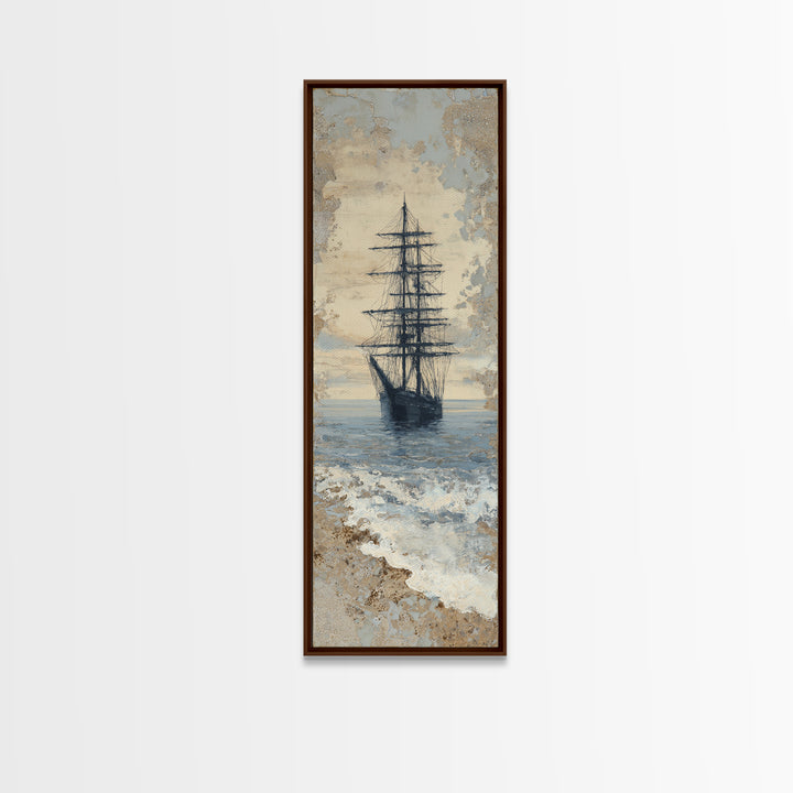 Tall Ship Silhouette at Sunset Framed Canvas Print, Nautical Art, Beach Print, Coastal Decor, Fine Art, Harbor, Luxury Decor, NAU-1x3-92