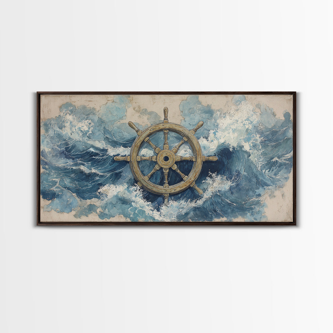 Ship Wheel with Sea Spray Background Framed Canvas Print, Nautical Art, Wall Art, Coastal Decor, Oil Painting, Harbor, NAU-2x1-35