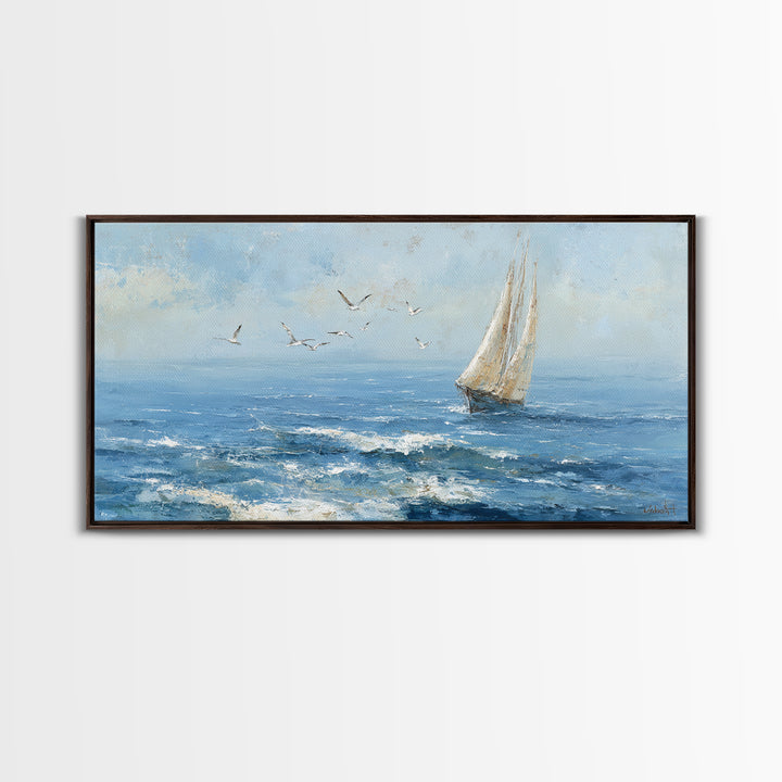 Sailboat Leaning into Wind on Blue Water Framed Canvas Print, Nautical Art, Digital Print, Coastal Decor, Fine Art, Harbor, NAU-2x1-45