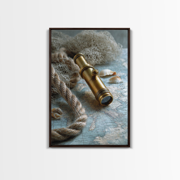 Brass Telescope and Old Map Still Life Canvas Print, Nautical Art, Wall Art, Coastal Decor, Oil Painting, Harbor, Digital Print, NAU-2x3-14