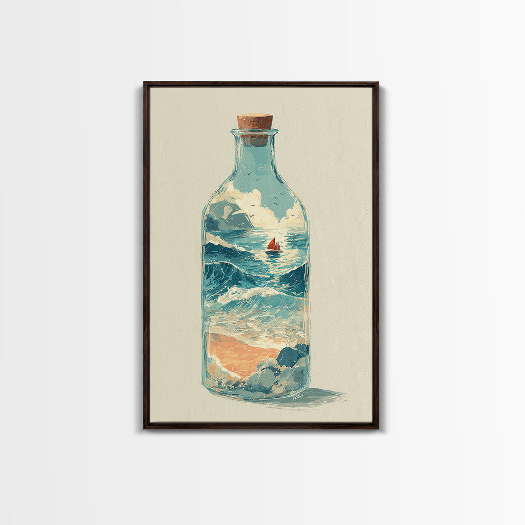 Bottle with Tiny Ship and Ocean Inside Framed Canvas Print, Nautical Art, Modern Decor, Coastal Decor, Fine Art, Harbor, NAU-2x3-24
