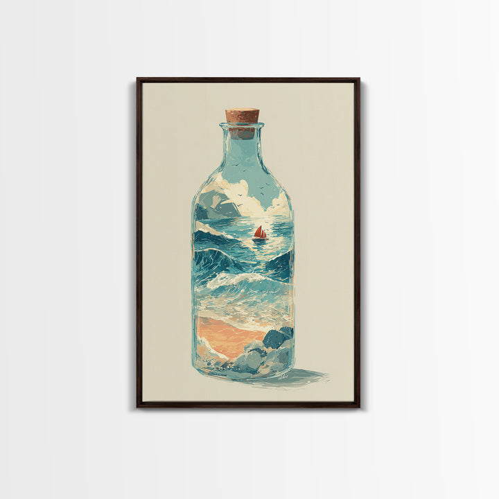 Bottle with Tiny Ship and Ocean Inside Framed Canvas Print, Nautical Art, Modern Decor, Coastal Decor, Fine Art, Harbor, NAU-2x3-24