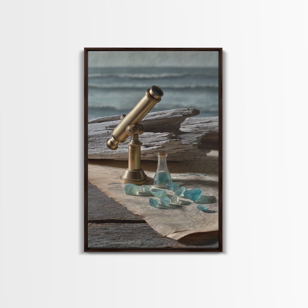 Brass Telescope and Old Map Still Life Framed Canvas Print, Nautical Art, Art Print, Coastal Decor, Fine Art, Harbor, NAU-2x3-38