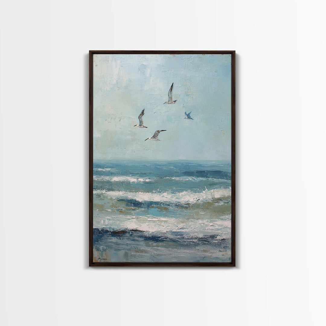 Coastal Gulls Flying Framed Canvas Print, Nautical Art, Coastal Wall Art, Coastal Decor, Fine Art, Harbor, Neutral Decor, NAU-2x3-97