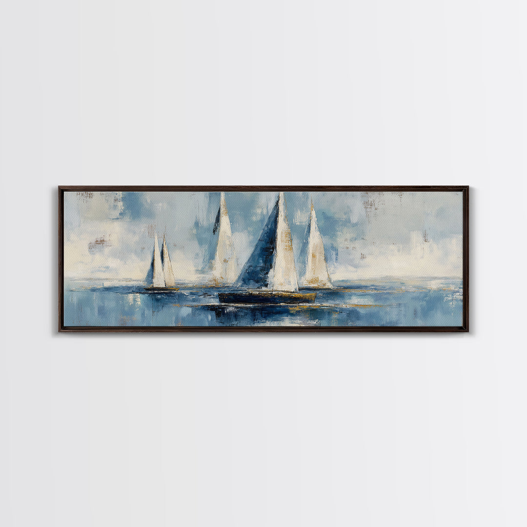 Sailboat Leaning into Wind on Blue Water Framed Canvas Print, Nautical Art, Coastal Art, Coastal Decor, Fine Art, Harbor, NAU-3x1-17