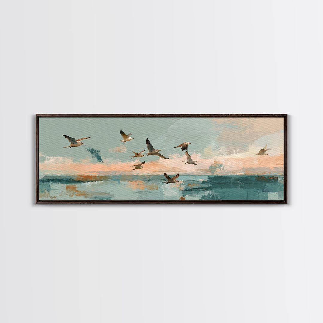 Coastal Gulls Flying Canvas Print, Nautical Art, Beach Decor, Coastal Decor, Fine Art, Harbor, Statement Artwork, Boho Decor, NAU-3x1-33