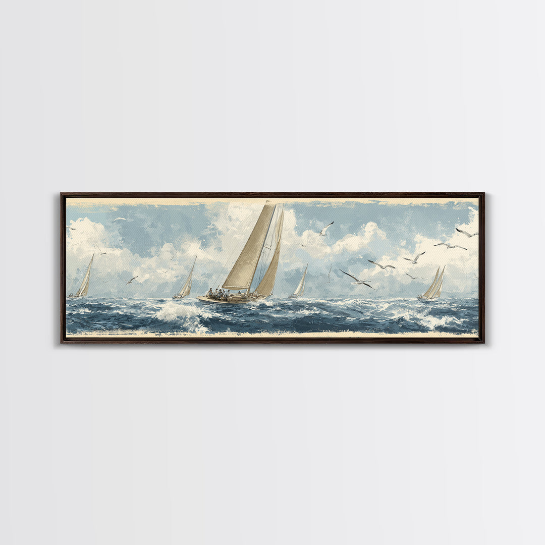 Classic Yacht Racing Through Whitecaps Canvas Print, Nautical Art, Minimalist Decor, Coastal Decor, Fine Art, Harbor, NAU-3x1-35