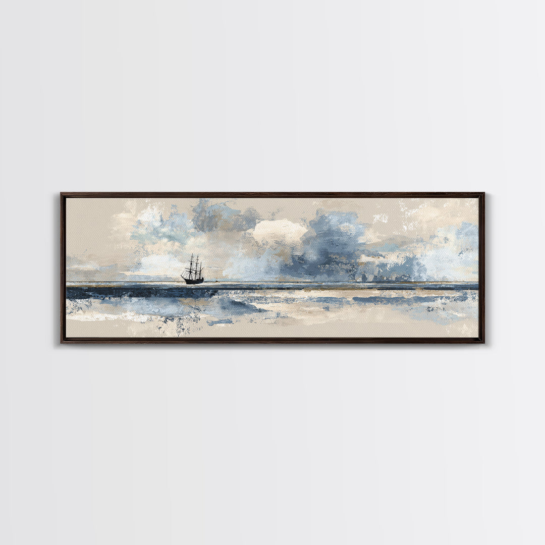 Tall Ship Silhouette at Sunset Canvas Print, Nautical Art, Textured Painting, Coastal Decor, Fine Art, Harbor, NAU-3x1-48