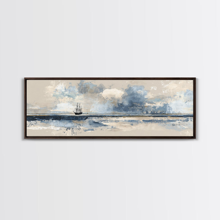 Tall Ship Silhouette at Sunset Canvas Print, Nautical Art, Textured Painting, Coastal Decor, Fine Art, Harbor, NAU-3x1-48