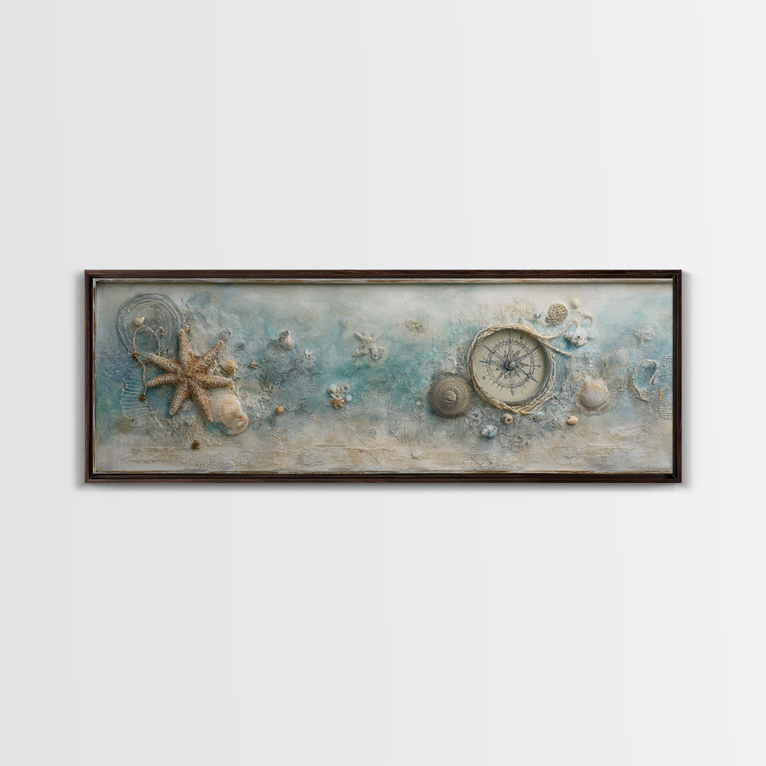 Antique Compass with Rope and Shells Canvas Print, Nautical Art, Coastal Wall Art, Coastal Decor, Harbor, Neutral Decor, NAU-3x1-66