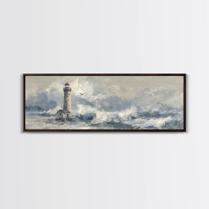 Lighthouse Standing Against Stormy Waves Framed Canvas Print, Nautical Art, Large Wall Art, Coastal Decor, Abstract Art, Harbor, NAU-3x1-67