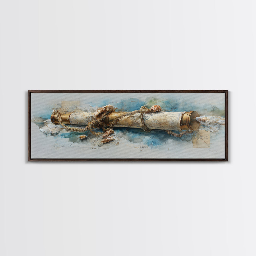 Brass Telescope and Old Map Still Life Canvas Print, Nautical Art, Wall Art, Coastal Decor, Oil Painting, Harbor, Digital Print, NAU-3x1-70