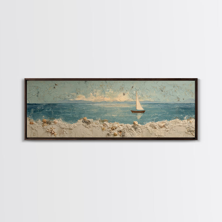 Whale Tail Beside Small Sailboat Framed Canvas Print, Nautical Art, Coastal Decor, Oil Painting, Harbor, Fine Art Print, NAU-3x1-74