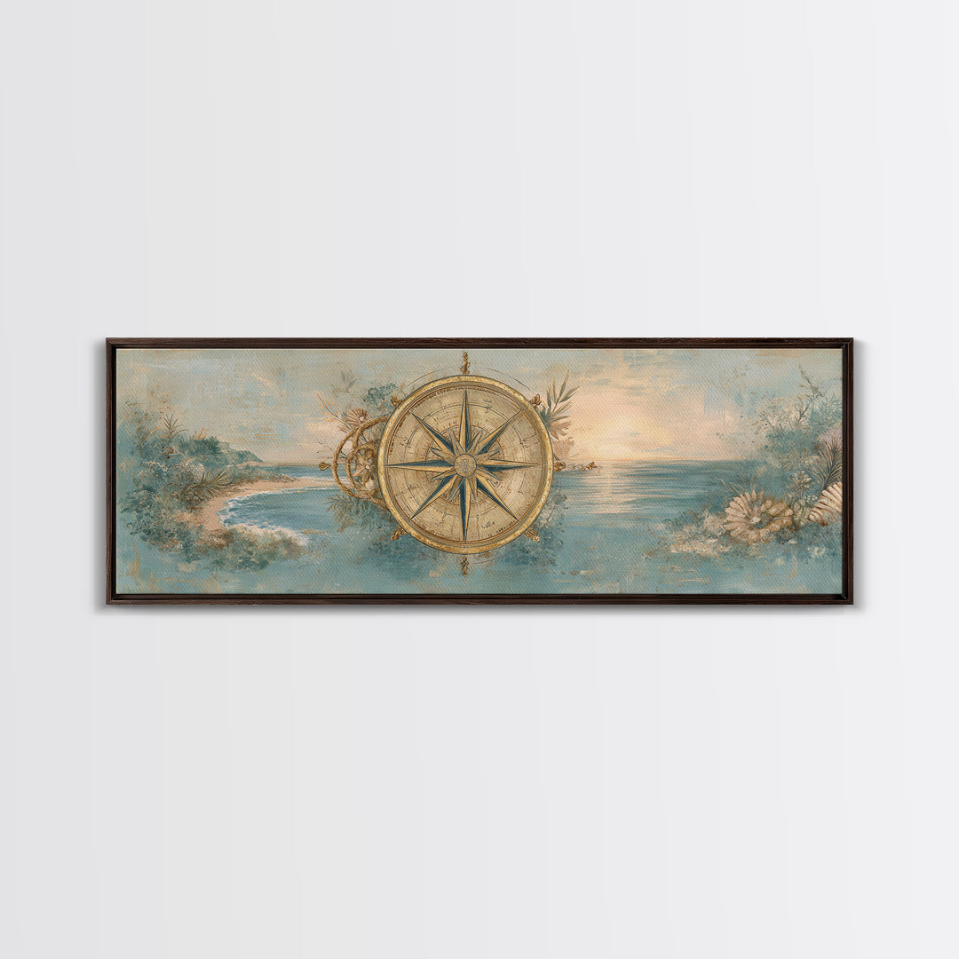 Antique Compass with Rope and Shells Framed Canvas Print, Nautical Art, Beach Print, Coastal Decor, Fine Art, Harbor, NAU-3x1-90