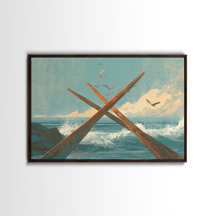 Weathered Oars Crossed Framed Canvas Print, Nautical Art, Coastal Wall Art, Coastal Decor, Fine Art, Harbor, Neutral Decor, NAU-3x2-15