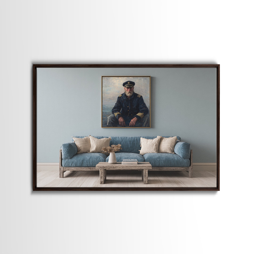 Sea Captain Portrait Framed Canvas Print, Nautical Art, Room Decor, Coastal Decor, Oil Painting, Harbor, Printable, NAU-3x2-35