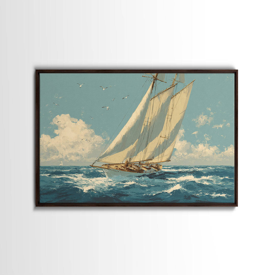 Classic Yacht Racing Through Whitecaps Framed Canvas Print, Nautical Art, Nautical Wall Art, Coastal Decor, Watercolor Art, NAU-3x2-71
