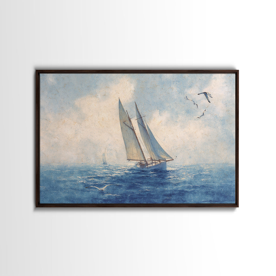 Sailboat Leaning into Wind on Blue Water Framed Canvas Print, Nautical Art, Room Decor, Coastal Decor, Fine Art, Harbor, NAU-3x2-77