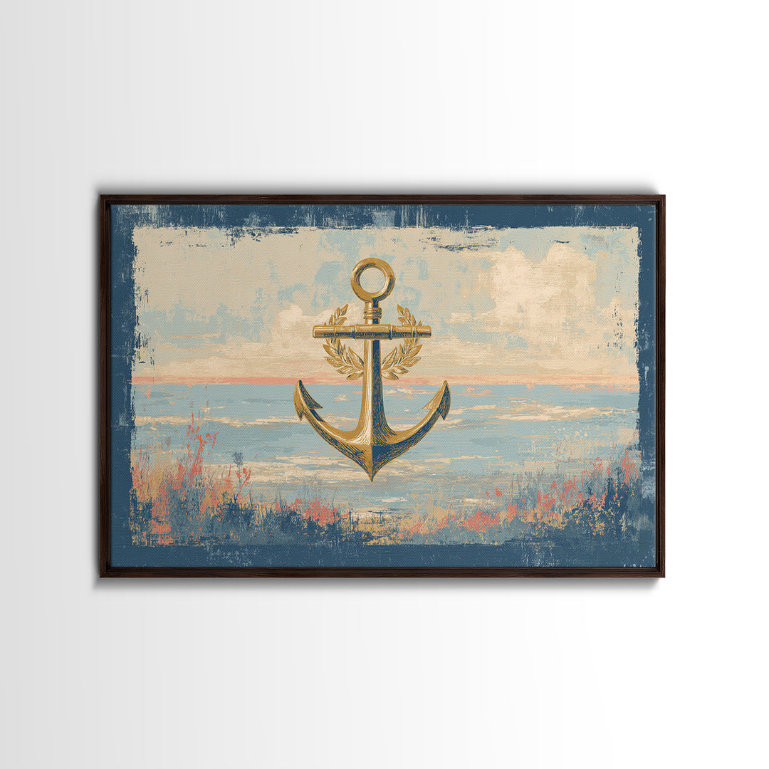Anchor and Laurel Nautical Crest Without Text Framed Canvas Print, Nautical Art, Beach Decor, Coastal Decor, Fine Art, Harbor, NAU-3x2-9