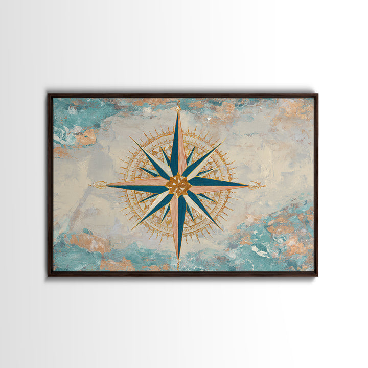 Nautical Star Compass Rose Framed Canvas Print, Nautical Art, Beach Print, Coastal Decor, Fine Art, Harbor, Luxury Decor, NAU-3x2-90