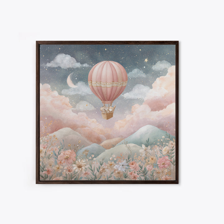 Hot Air Balloon Drifting Framed Canvas Print, Nursery Decor, Art Print, Nursery, Woodland Nursery Decor, Nursery Prints, NDE-1x1-12
