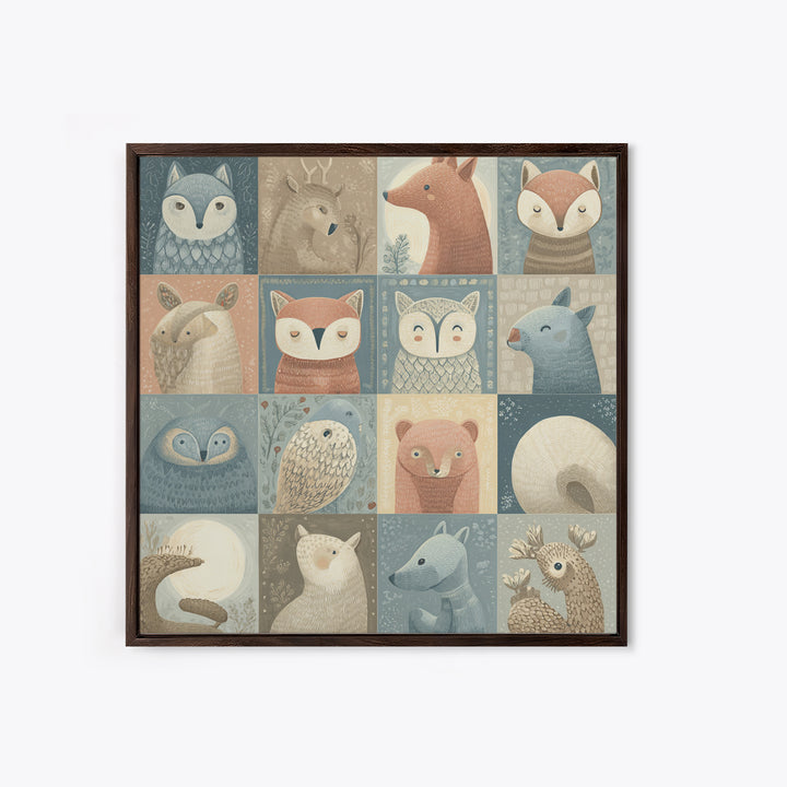 Woodland Animal Parade Framed Canvas Print, Nursery Decor, Wall Light, Fine Art, Nursery, Statement Artwork, Boho Decor, NDE-1x1-2