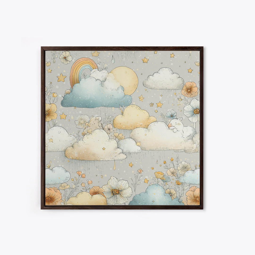 Cloud Rainbow and Raindrop Composition Canvas Print, Nursery Decor, Canvas, Fine Art, Nursery, Playroom Decor, Floral Wall Art, NDE-1x1-20