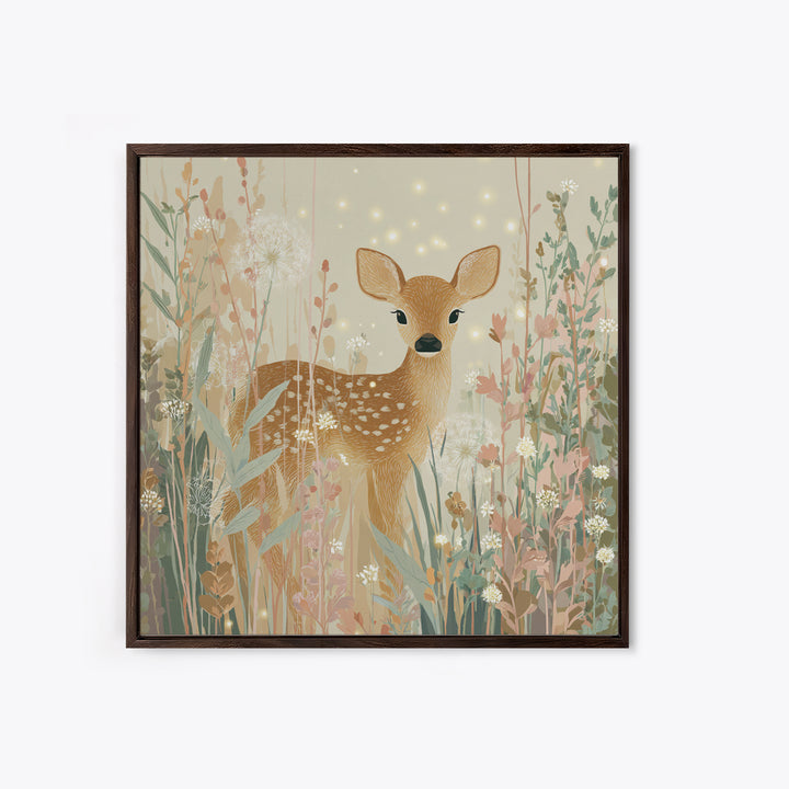 Baby Deer in Meadow with Fireflies Canvas Print, Nursery Decor, Floral Wallpaper, Nursery, Fine Art Print, Statement Artwork, NDE-1x1-22