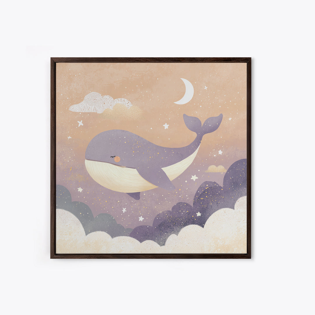 Baby Whale Swimming Through Stars Framed Canvas Print, Nursery Decor, Gallery Decor, Fine Art, Nursery, Wall Art, Home Decor, NDE-1x1-32