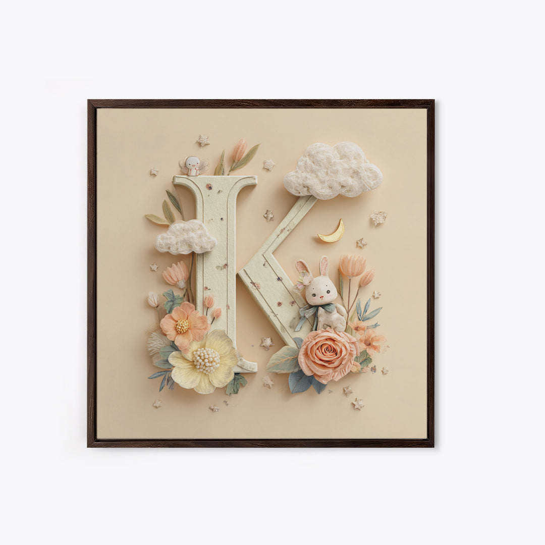 Soft Floral Initial Frame Without Letters Framed Canvas Print, Nursery Decor, Boy Nursery Decor, Fine Art, Nursery, NDE-1x1-34