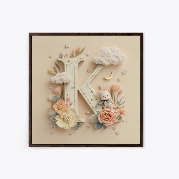 Soft Floral Initial Frame Without Letters Framed Canvas Print, Nursery Decor, Boy Nursery Decor, Fine Art, Nursery, NDE-1x1-34