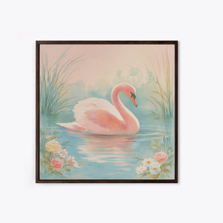 Pink Swan on Calm Pond Framed Canvas Print, Nursery Decor, Boho Decor, Oil Painting, Nursery, Nursery Wall Art, Framed Wall Art, NDE-1x1-37