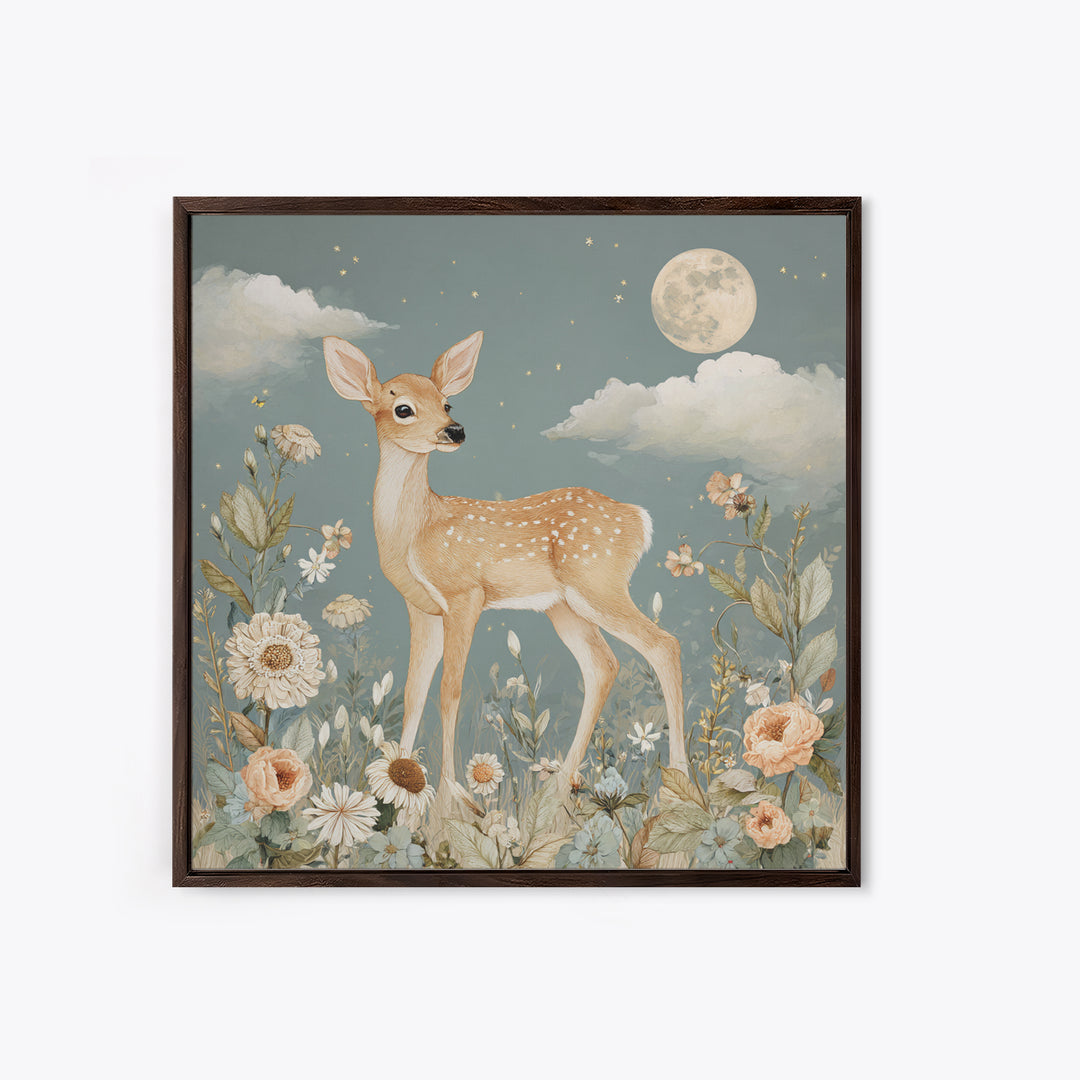 Baby Deer in Meadow with Fireflies Framed Canvas Print, Nursery Decor, Nursery Wall Decals, Oil Painting, Nursery, NDE-1x1-46