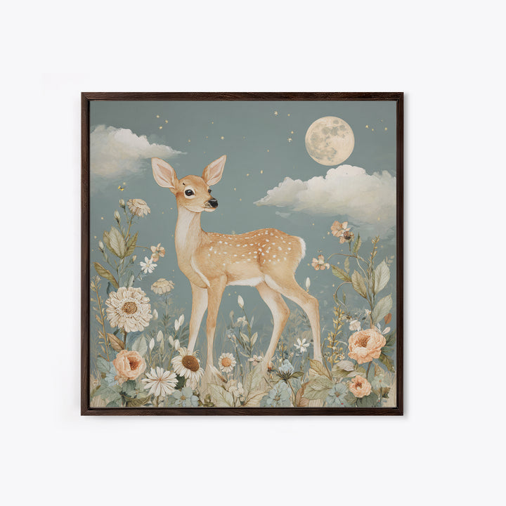Baby Deer in Meadow with Fireflies Framed Canvas Print, Nursery Decor, Nursery Wall Decals, Oil Painting, Nursery, NDE-1x1-46