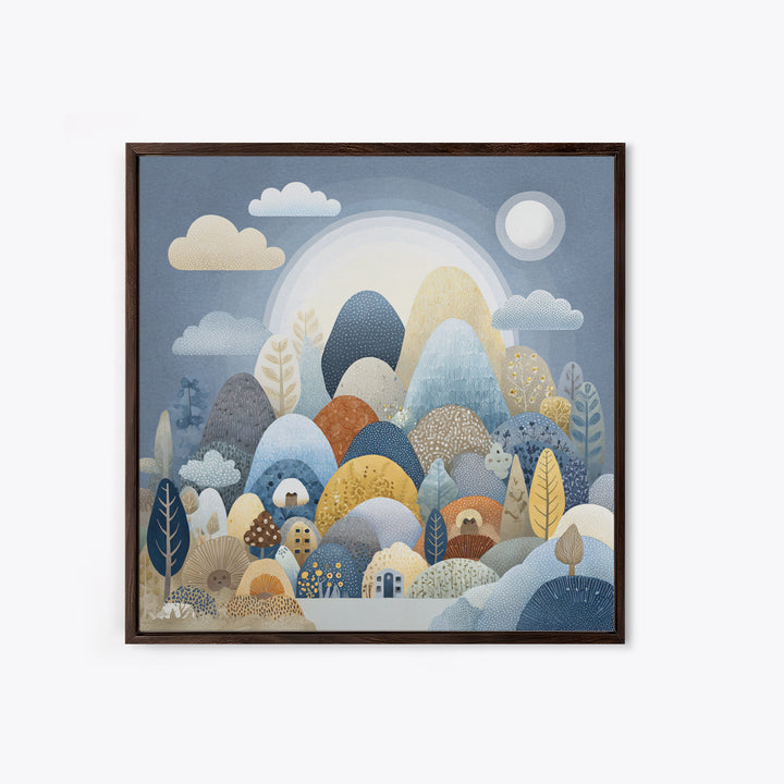 Calm Mountain Nursery Landscape Framed Canvas Print, Nursery Decor, Art Print, Oil Painting, Nursery, Woodland Nursery Decor, NDE-1x1-48