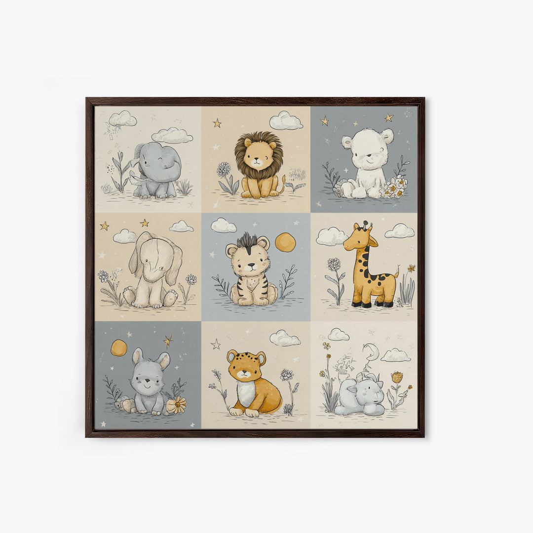 Cute Safari Animals Framed Canvas Print, Nursery Decor, Floral Wall Art, Fine Art, Nursery, Gallery Decor, Neutral Decor, NDE-1x1-52