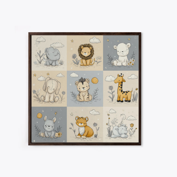 Cute Safari Animals Framed Canvas Print, Nursery Decor, Floral Wall Art, Fine Art, Nursery, Gallery Decor, Neutral Decor, NDE-1x1-52