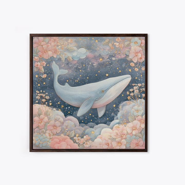 Baby Whale Swimming Through Stars Framed Canvas Print, Nursery Decor, Nursery, Fine Art, Nursery, Baby Girl Nursery Decor, NDE-1x1-56