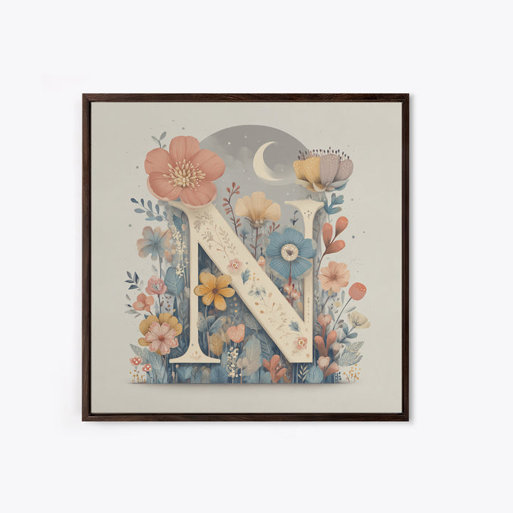 Soft Floral Initial Frame Without Letters Framed Canvas Print, Nursery Decor, Boy Nursery Decor, Fine Art, Nursery, NDE-1x1-58