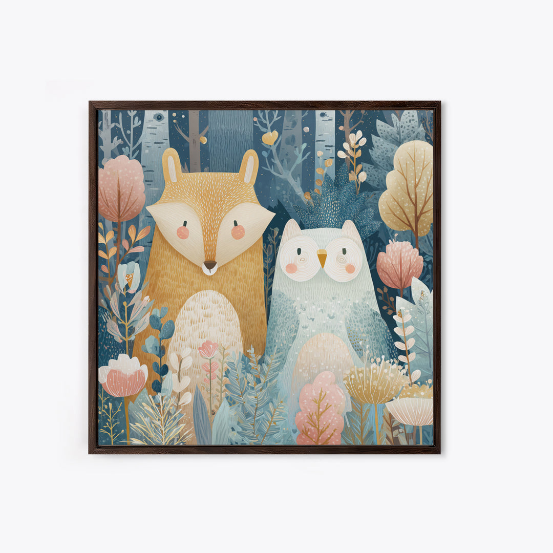 Fox and Owl Friends Framed Canvas Print, Nursery Decor, Gallery Decor, Fine Art, Nursery, Wall Art, Home Decor, Wall Decor, NDE-1x1-62