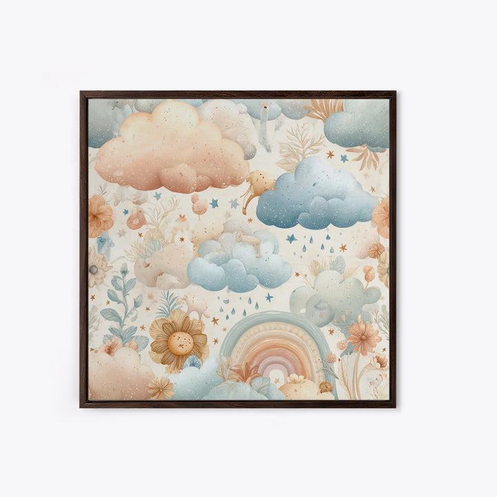 Cloud Rainbow and Raindrop Composition Framed Canvas Print, Nursery Decor, Wall Light, Fine Art, Nursery, Statement Artwork, NDE-1x1-68