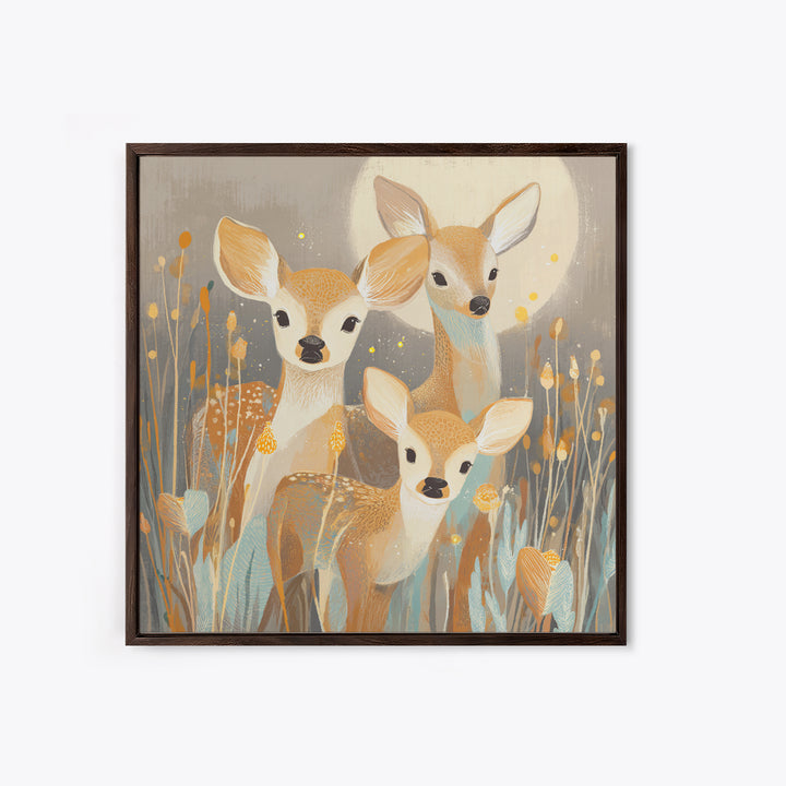 Baby Deer in Meadow with Fireflies Framed Canvas Print, Nursery Decor, Nursery Wall Decals, Oil Painting, Nursery, NDE-1x1-70