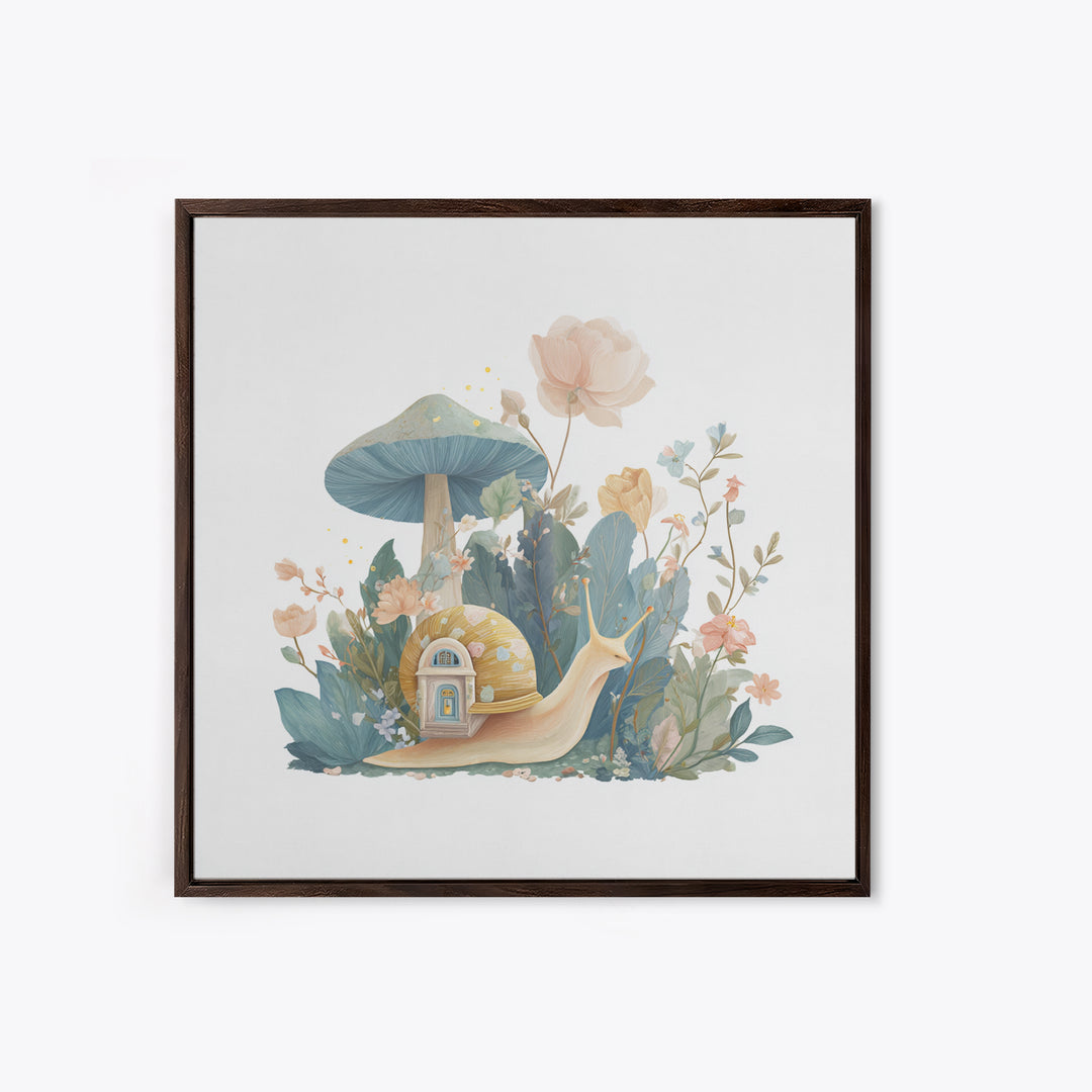Garden Snail with Mushroom House Framed Canvas Print, Nursery Decor, Woodland Nursery, Watercolor Art, Nursery, NDE-1x1-71